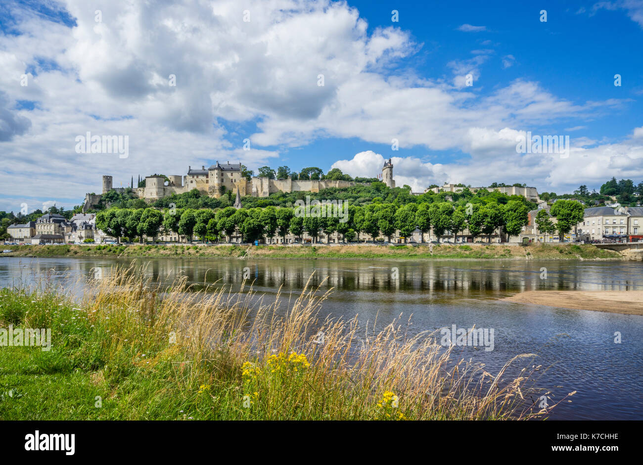 Frankreich, Center-Val de Loire, Touraine, Chinon, Blick auf die historische Stadt Chinon und Château-Chinon über den Fluss Vienne Stockfoto