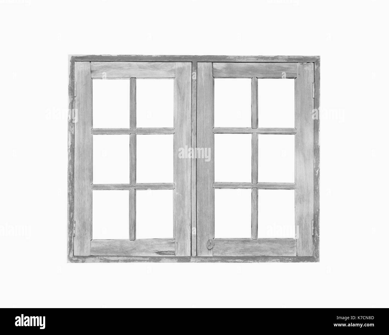 Alte Holzfenster isoliert auf weißem Hintergrund, Architektur der traditionellen Häuser in Thailand. Stockfoto