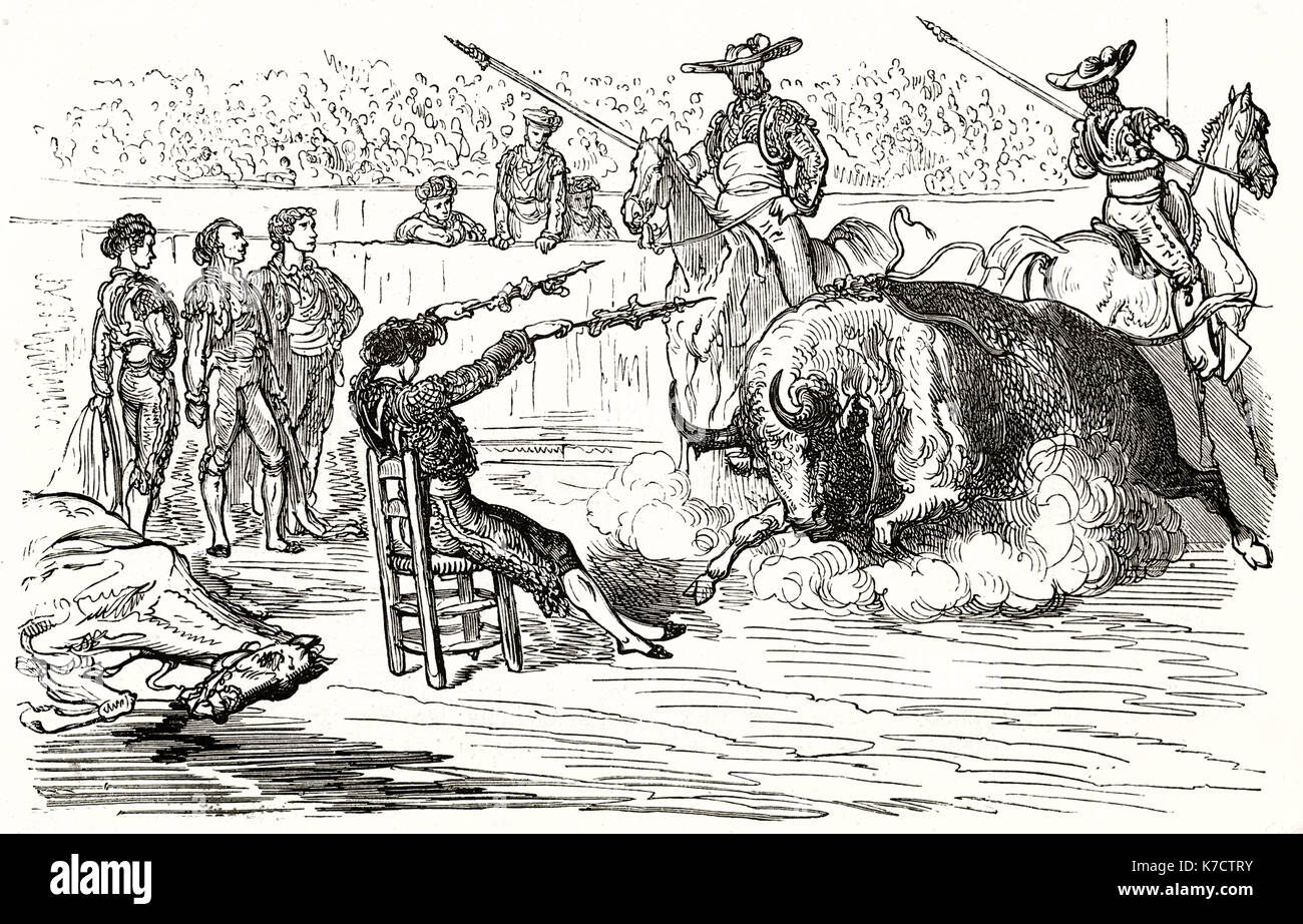 Alte Darstellung des Stierkampfes. Von Dore, Publ. bei Le Tour du Monde, Paris, 1862 Stockfoto