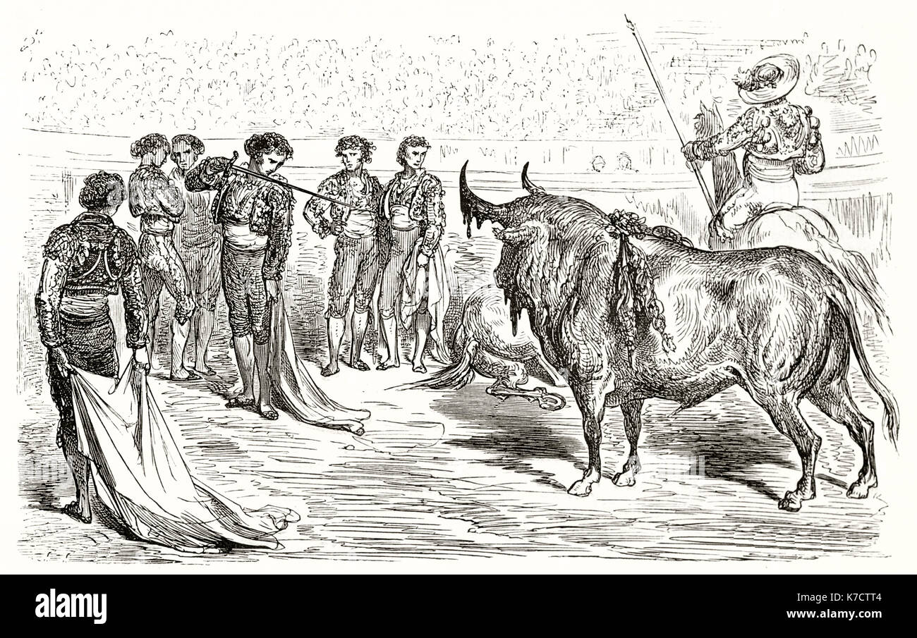 Alte Abbildung: stierkampf (Matador, Schwert). Von Dore, Publ. bei Le Tour du Monde, Paris, 1862 Stockfoto