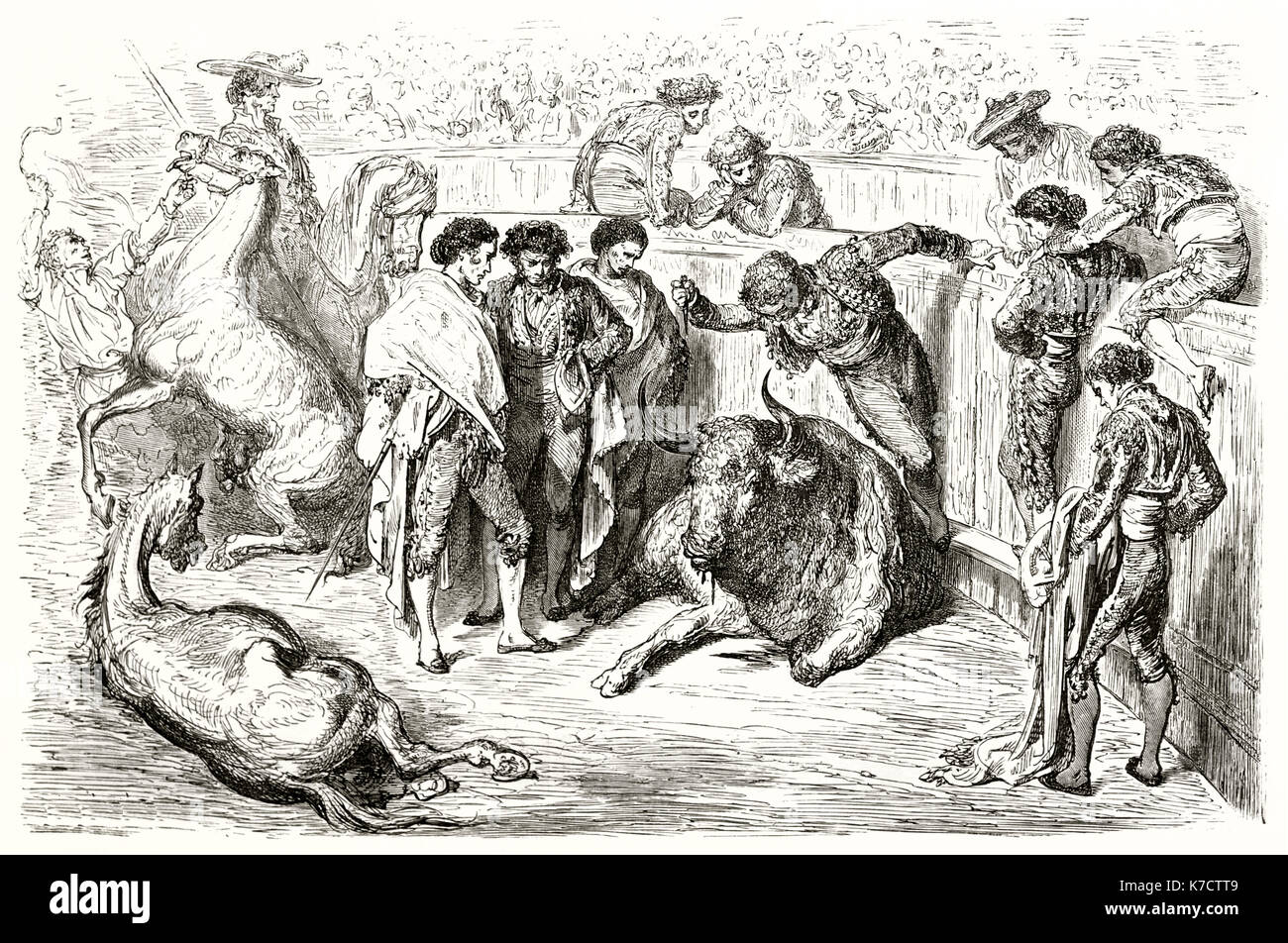 Alte Abbildung: stierkampf (Dolch töten). Von Dore, Publ. bei Le Tour du Monde, Paris, 1862 Stockfoto