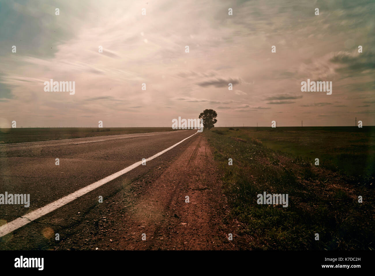 Ruhiger Blick auf Landstraße durch Feld gegen Himmel während der Dämmerung Stockfoto