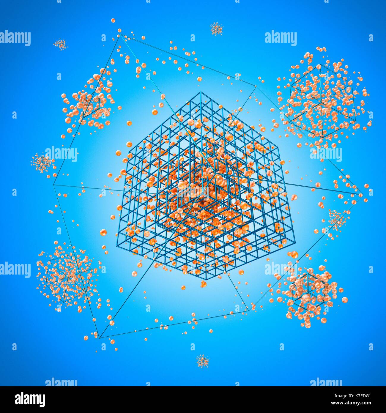 Atome vor blauem Hintergrund, Illustration. Stockfoto