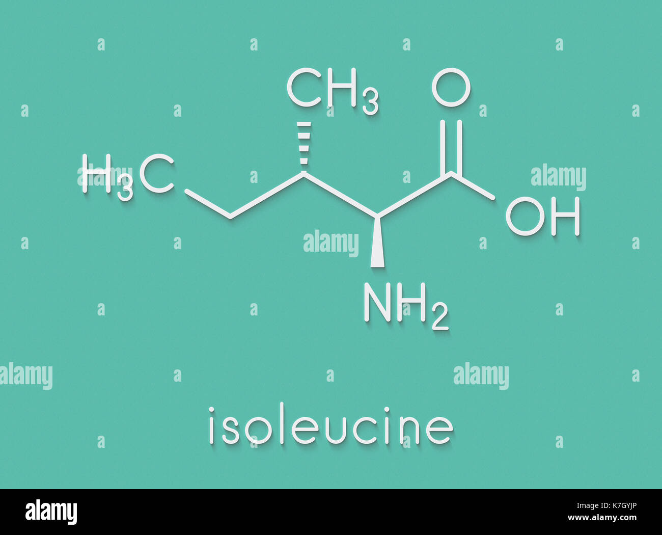 Isoleucin (L-Isoleucin, Ile, I) Aminosäure Molekül. Skelettmuskulatur Formel. Stockfoto