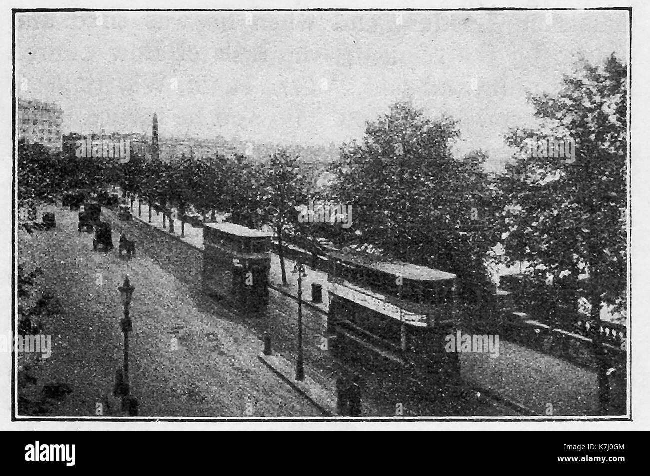 1914 - Straßenbahnen ob der Victoria Embankment, London Stockfoto