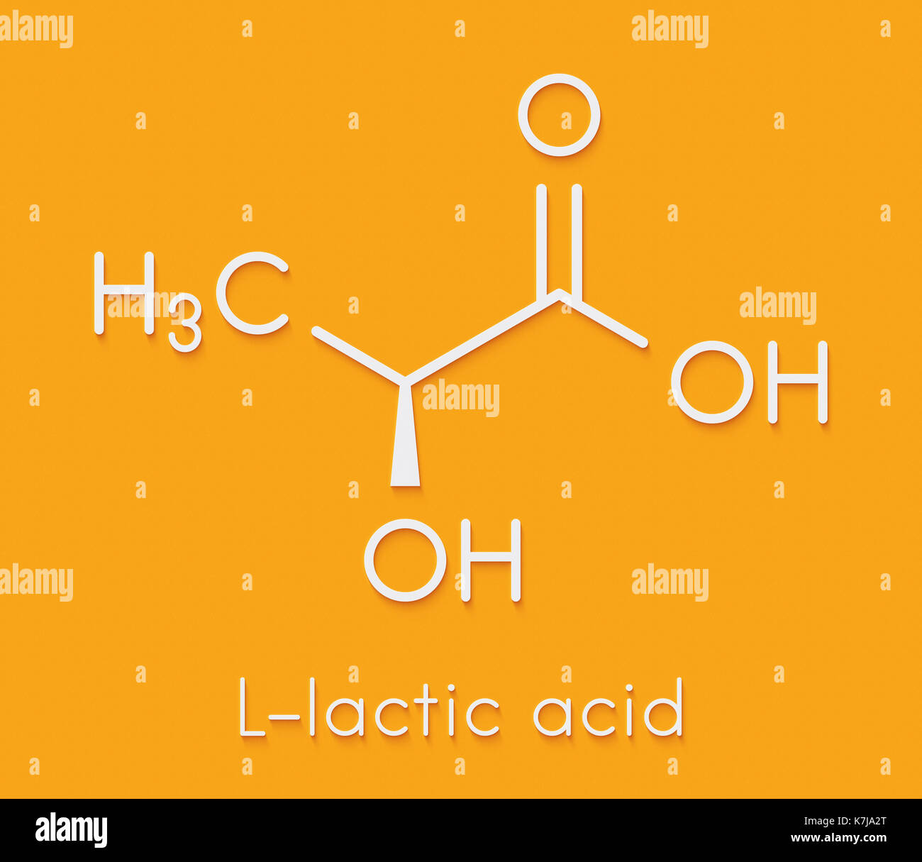 Milchsäure (L-Milchsäure) Milch Zucker Molekül. Baustein von Polymilchsäure (PLA) Biokunststoff. In der Milch gefunden. Skelettmuskulatur Formel. Stockfoto