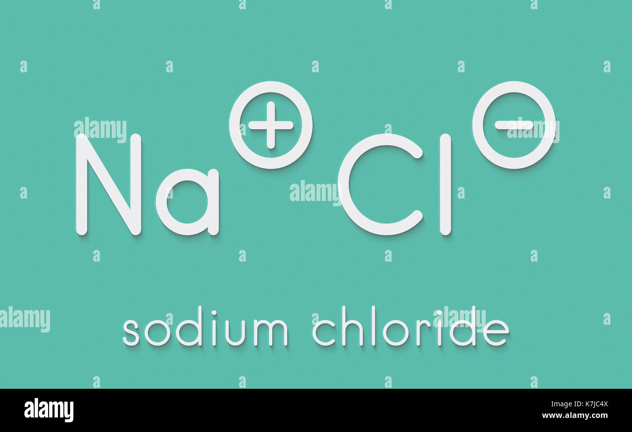 Natriumchlorid (Steinsalz, Halit, Speisesalz), chemische Struktur. Stockfoto