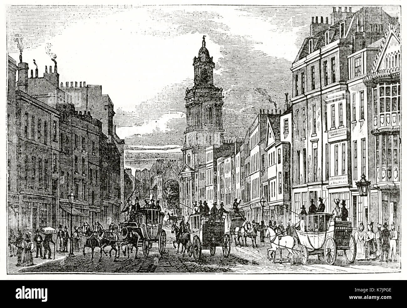 Alte Ansicht von Bishopsgate Street, London. Von unbekannter Autor, Publ. Auf dem Penny Magazine, London, 1837 Stockfoto