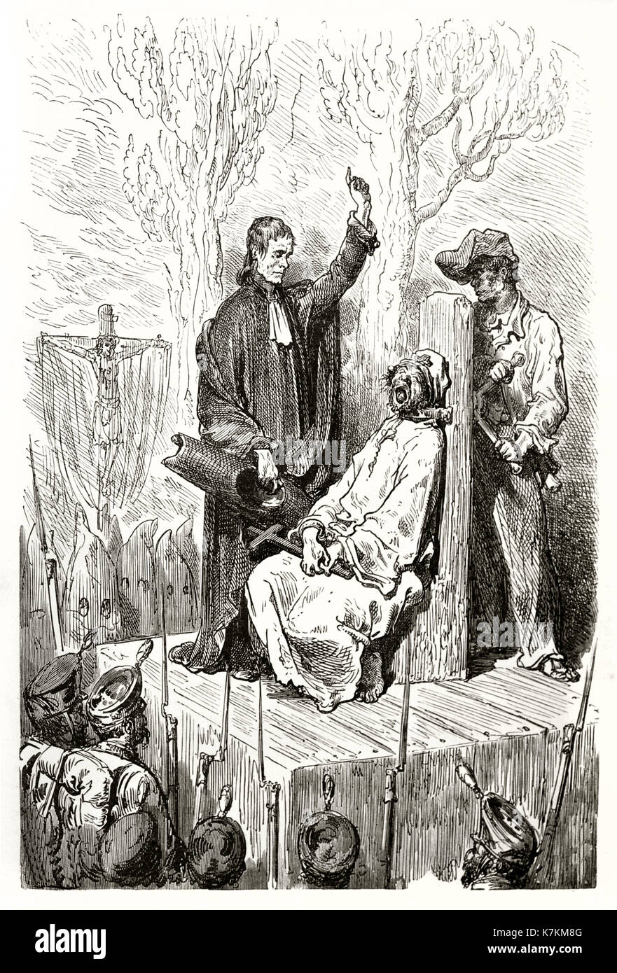 Alte Illustration, die Todesstrafe durch Erdrosseln in Spanien. Von Dore, Publ. bei Le Tour du Monde, Paris, 1862 Stockfoto