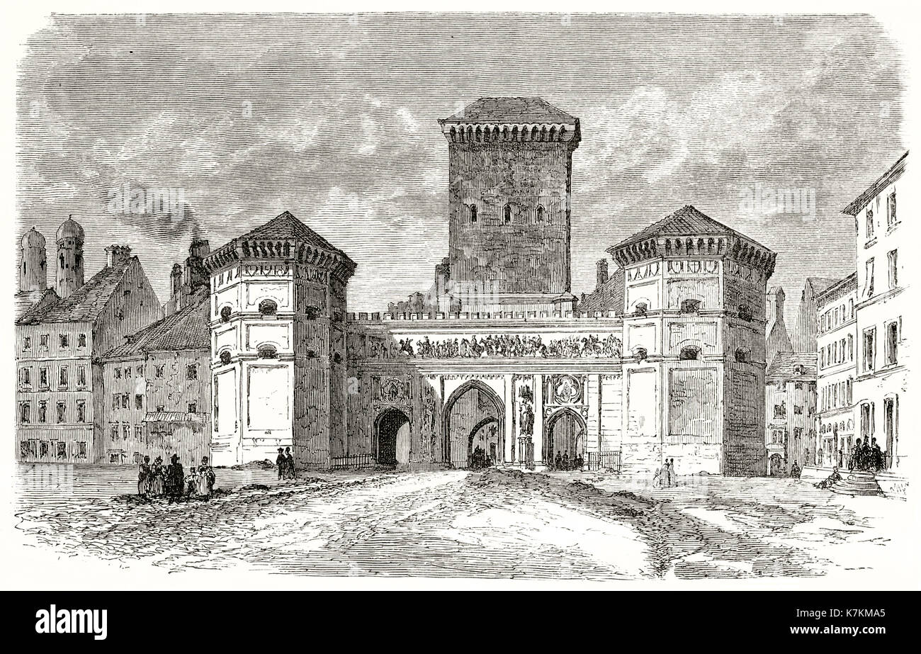 Alte Ansicht der Isartor, München, Deutschland. Von Lancelot und Hildebrand, Publ. bei Le Tour du Monde, Paris, 1862 Stockfoto