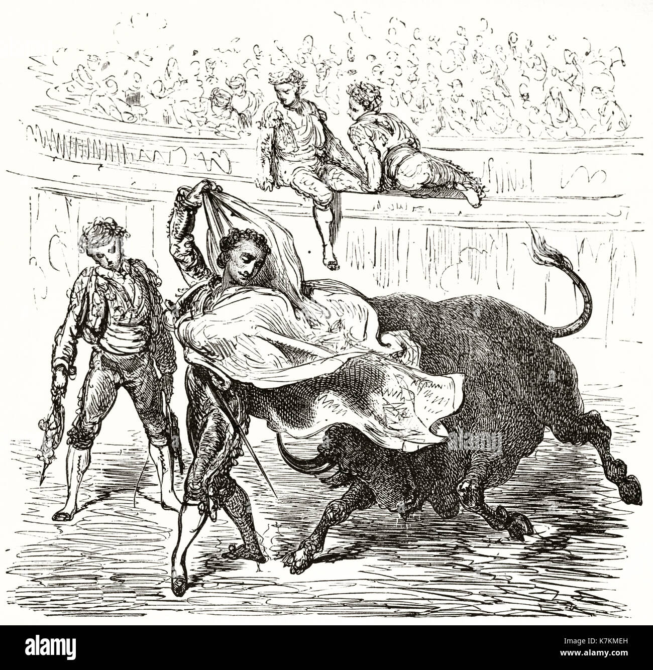 Alte Abbildung zeigt Matador El Tato in der Arena, Spanien. Von Dore, Publ. bei Le Tour du Monde, Paris, 1862 Stockfoto