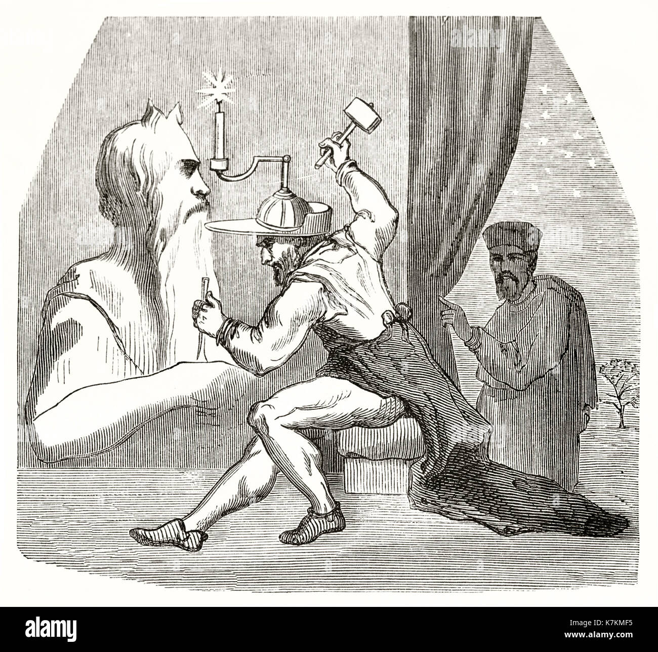 Alte Abbildung: Darstellung von Michelangelo Buonarroti Arbeiten im Atelier. Nach Cornelius, Publ. bei Le Tour du Monde, Paris, 1862 Stockfoto