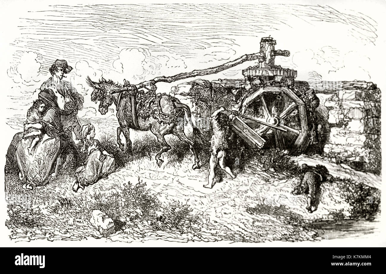 Alte Illustration eines Noria: Hub Wasser Maschine. Von Dore, Publ. bei Le Tour du Monde, Paris, 1862 Stockfoto