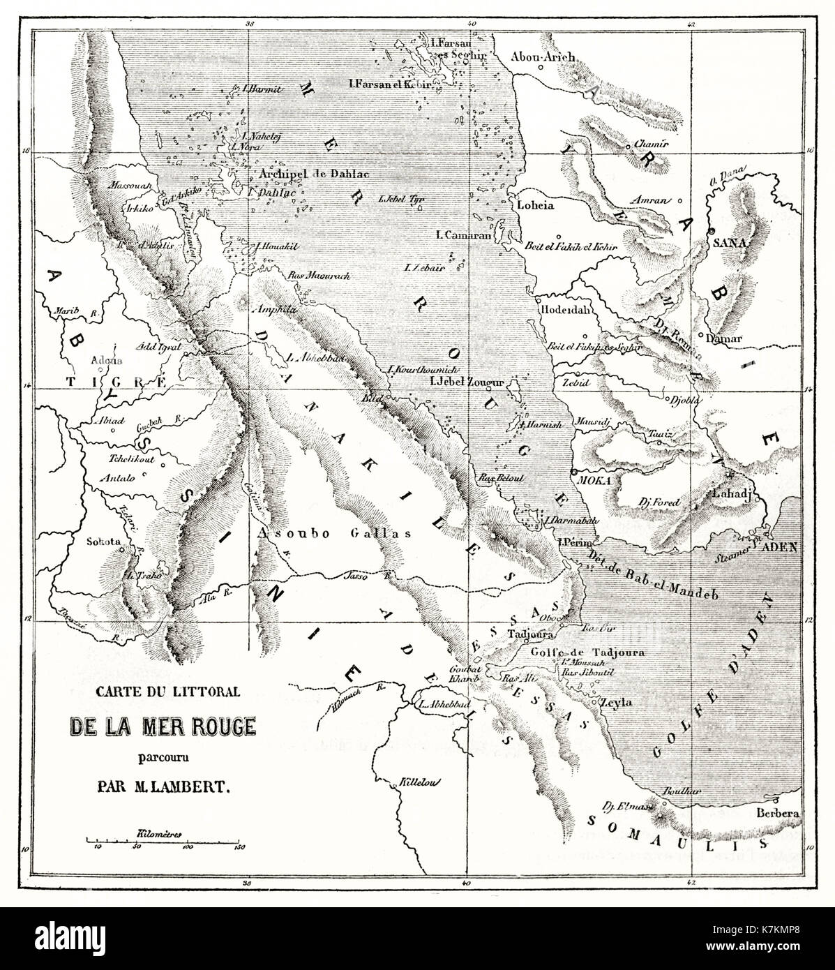 Alte Karte des Roten Meeres. Von Erhard und Bonaparte, Publ. bei Le Tour du Monde, Paris, 1862 Stockfoto