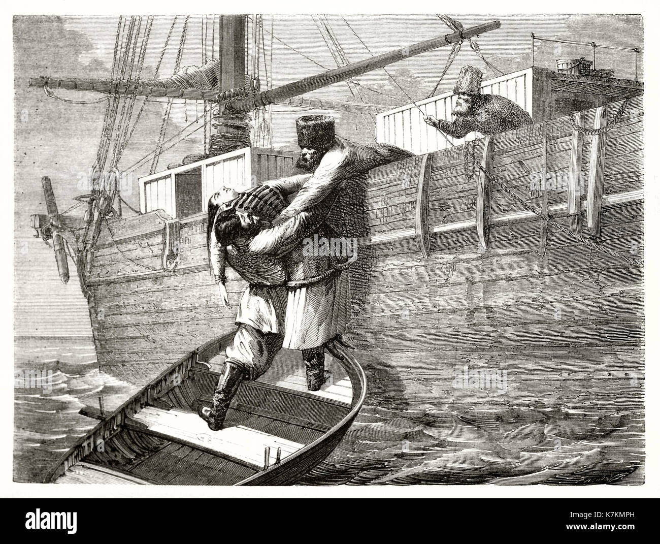 Alte Abbildung: Rettung auf See. Von unbekannter Autor, Publ. bei Le Tour du Monde, Paris, 1862 Stockfoto