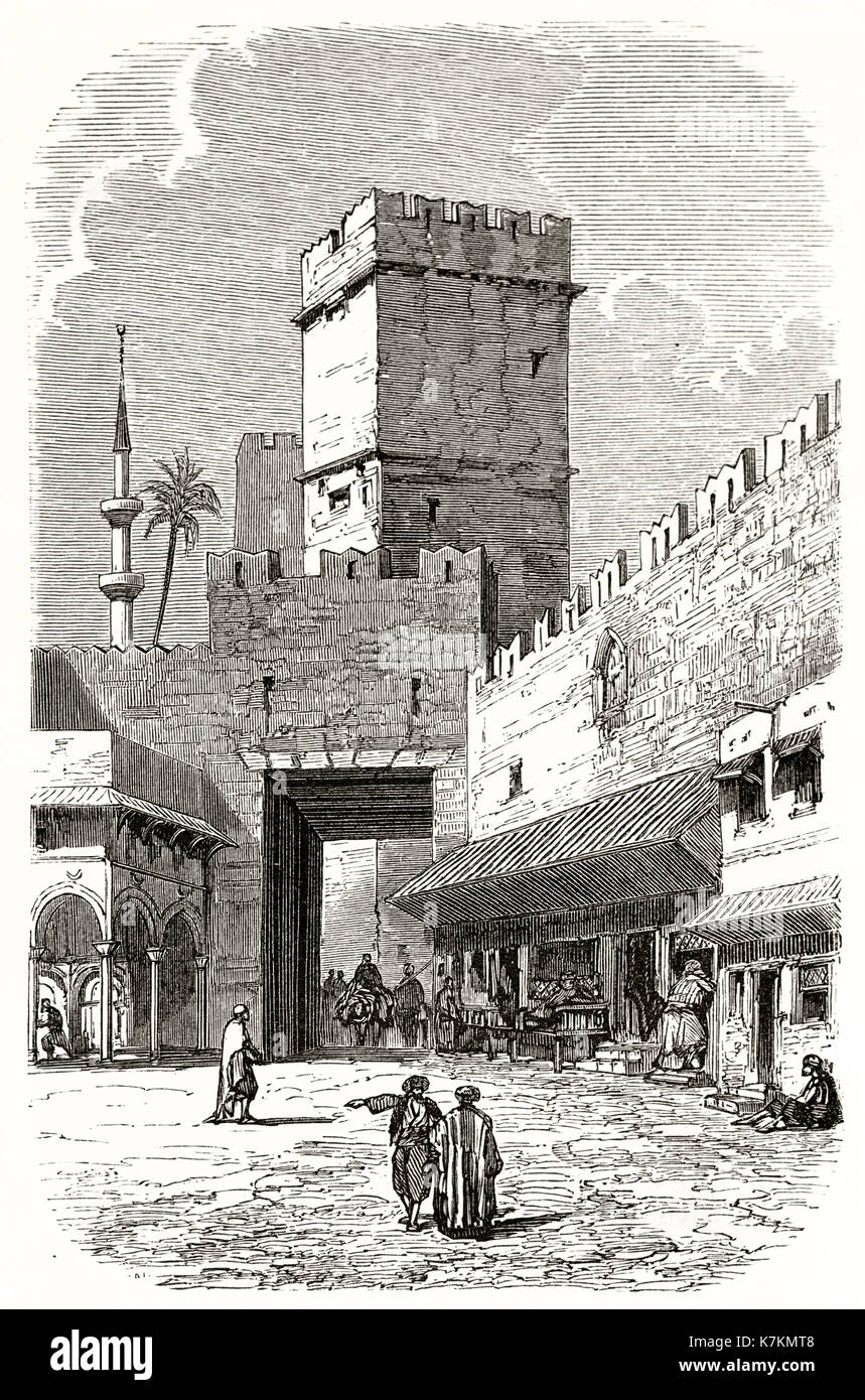 Alte Ansicht von Bazar Tor, Rhodos. Von unbekannter Autor, Publ. bei Le Tour du Monde, Paris, 1862 Stockfoto
