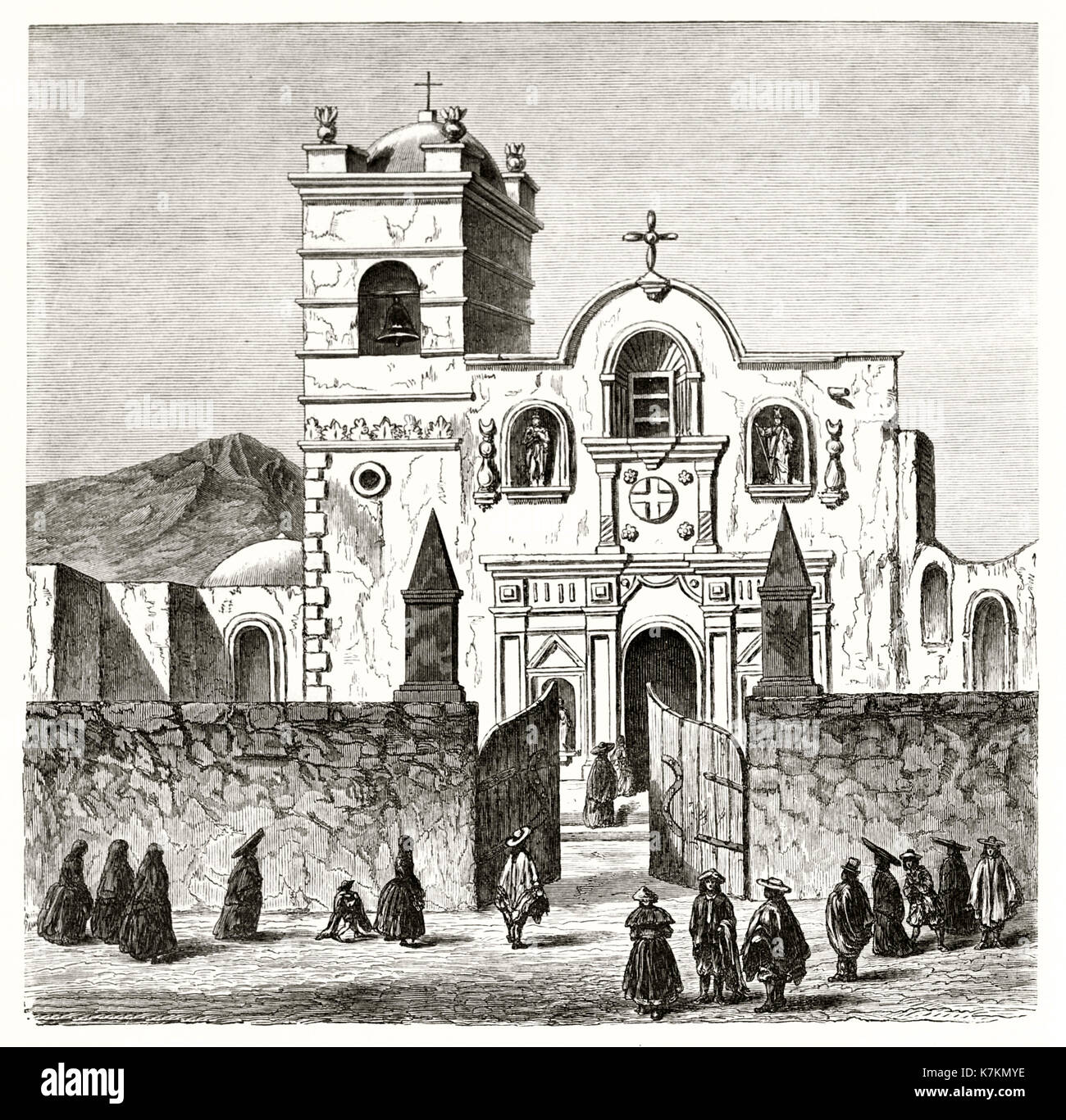Alte Ansicht der Kirche San Francisco, Arequipa, Peru. Von Riou, Publ. bei Le Tour du Monde, Paris, 1862 Stockfoto