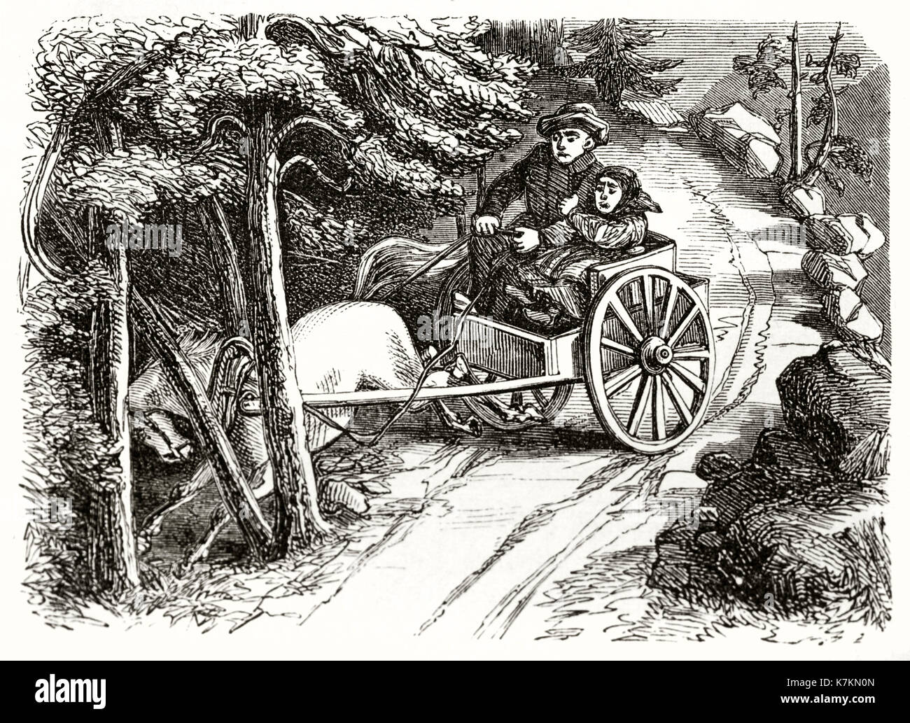 Alte Abbildung: Darstellung einer Warenkorb Herausschieben der Straße. Von unbekannter Autor, Publ. bei Le Tour du Monde, Paris, 1862 Stockfoto