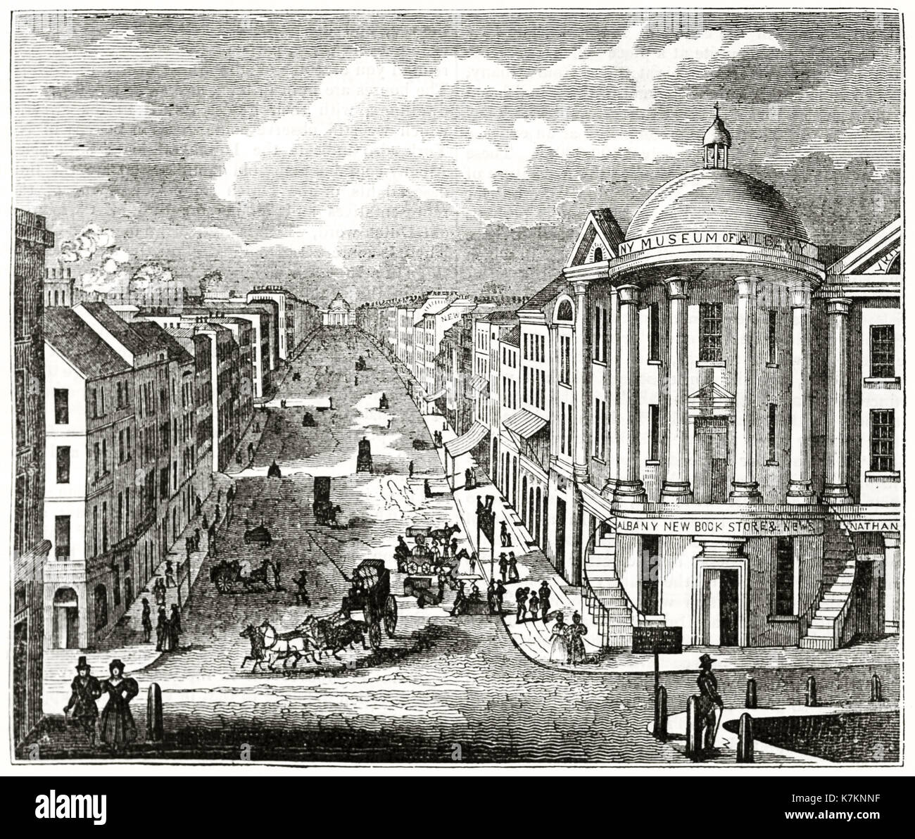 Alte Ansicht der State Street, Albany, USA. Von unbekannter Autor, Publ. Auf dem Penny Magazine, London, 1837 Stockfoto