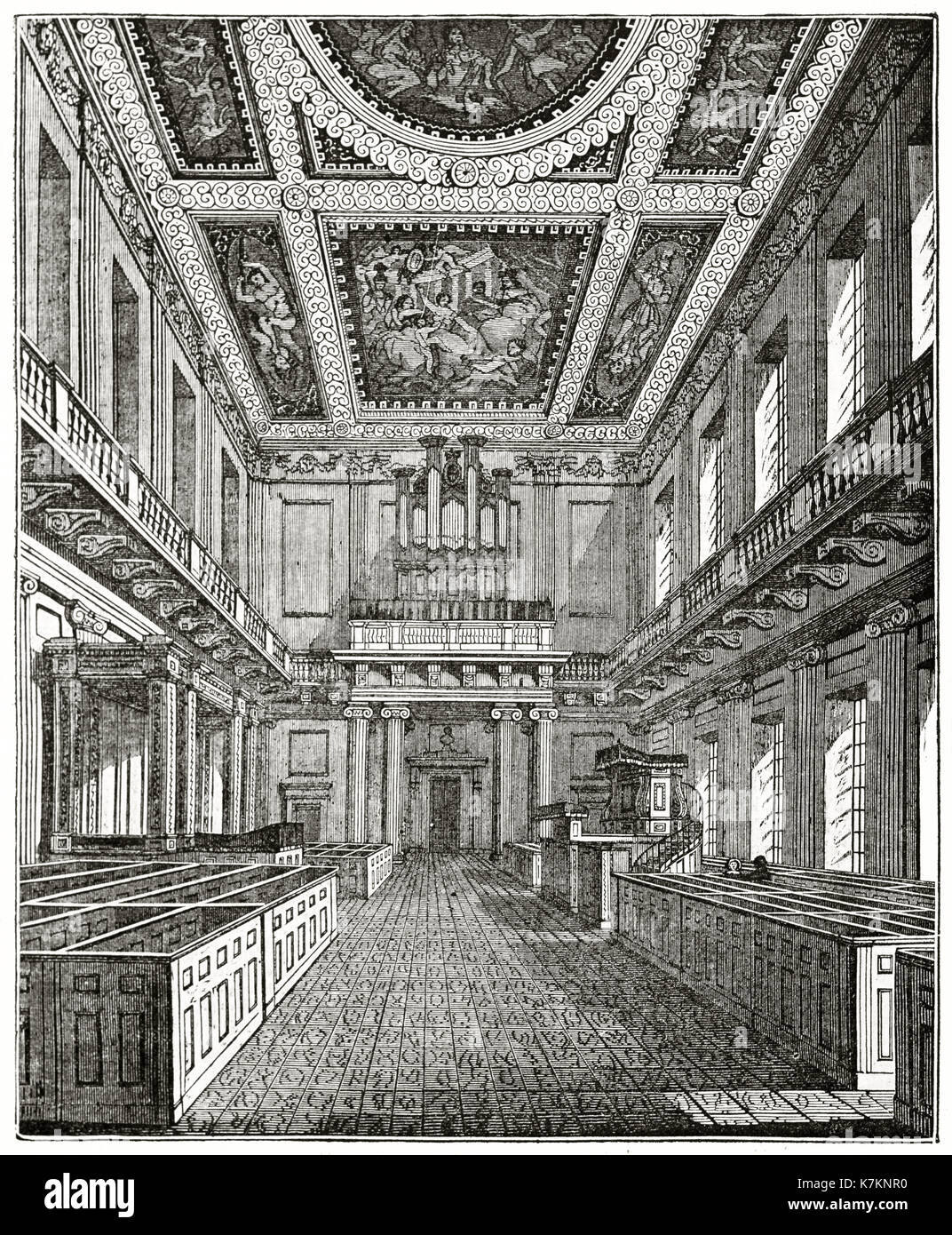 Alte Ansicht der Königlichen Kapelle in Whitehall, London. Von unbekannter Autor, Publ. Auf dem Penny Magazine, London, 1837 Stockfoto