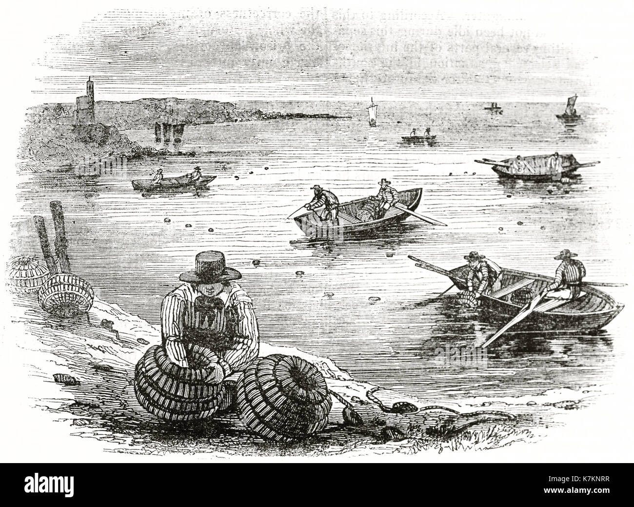 Alte Abbildung von Fisherman Prüfung der Reusen und Krabben-Pots. Von unbekannter Autor, Publ. Auf dem Penny Magazine, London, 1837 Stockfoto