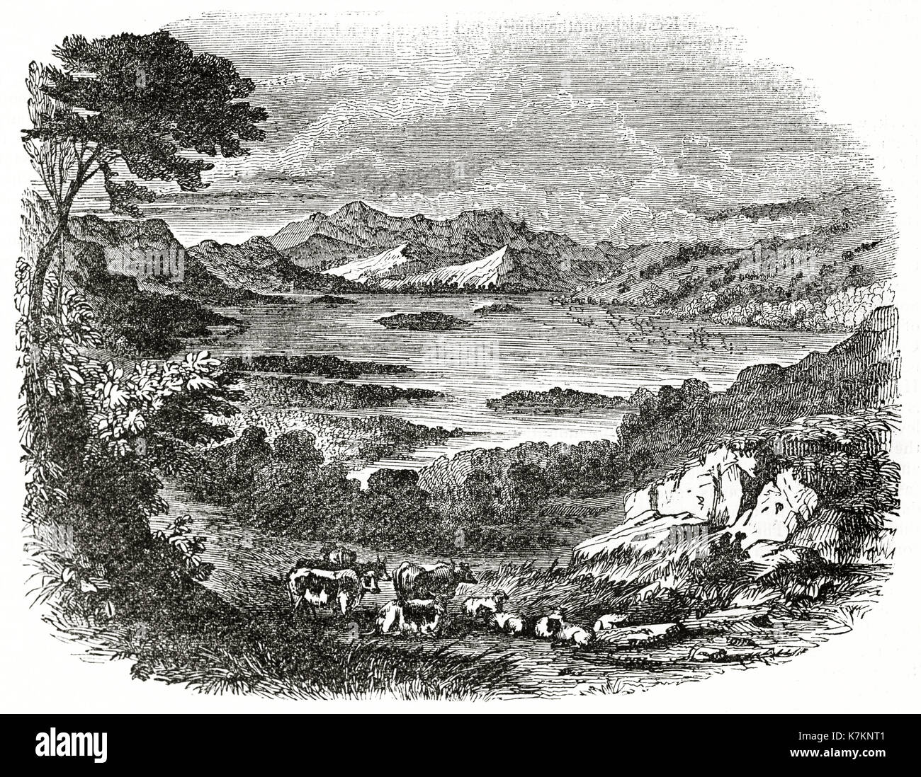 Alte Ansicht von Derwentwater, England. Von unbekannter Autor, Publ. Auf dem Penny Magazine, London, 1837 Stockfoto