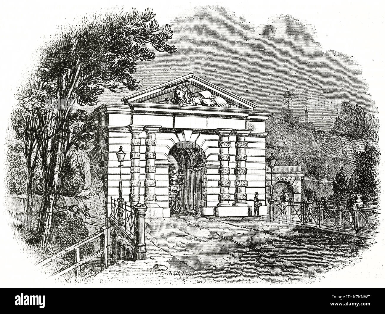 Alte Ansicht der Lion's Gate, Portsea, Vereinigtes Königreich. Von unbekannter Autor, Publ. Auf dem Penny Magazine, London, 1837 Stockfoto