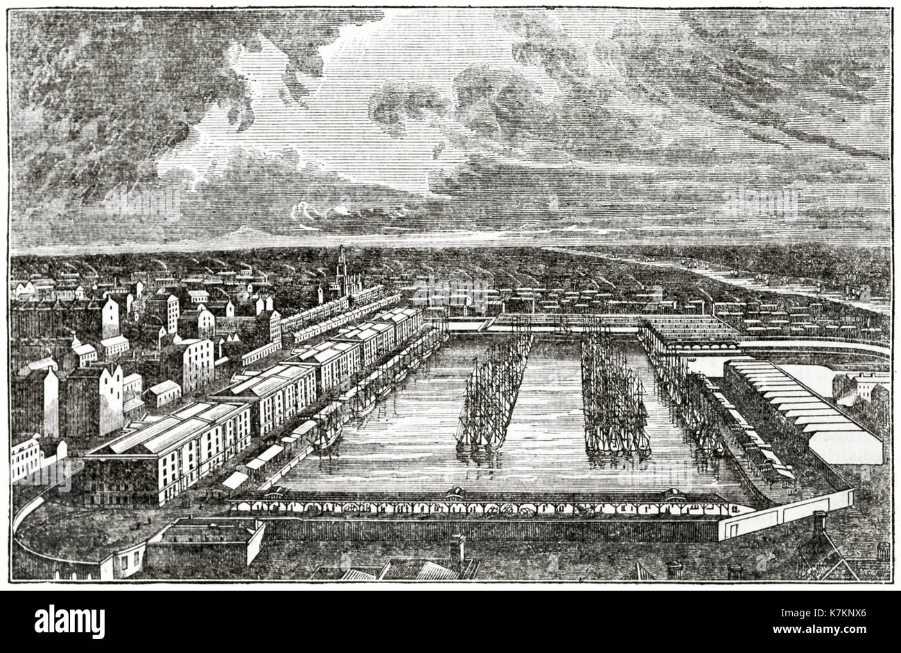 Alte Ansicht von London Docks. Von unbekannter Autor, Publ. Auf dem Penny Magazine, London, 1837 Stockfoto