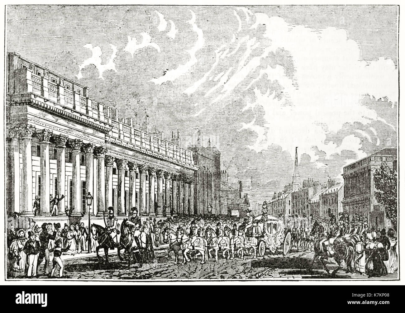 Alte Ansicht der Beförderung des Königs in die Parliament Street, London. Von unbekannter Autor, Publ. Auf dem Penny Magazine, London, 1837 Stockfoto