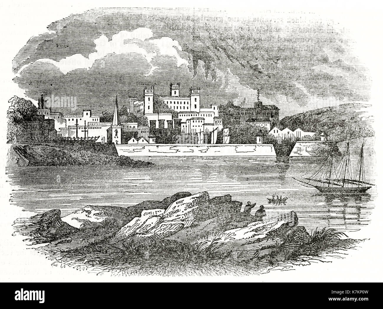 Alte Ansicht von St. Peter Port, Guernsey, Channel Islands. Von unbekannter Autor, Publ. Auf dem Penny Magazine, London, 1837 Stockfoto