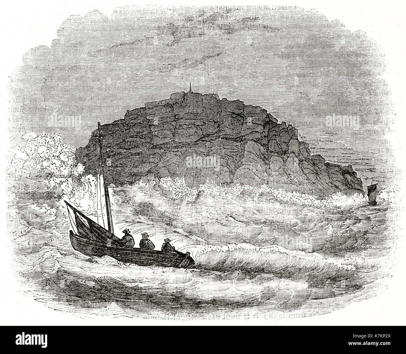Alte Ansicht von einem Fischerboot aus St. Alban Kopf, England. Von unbekannter Autor, Publ. Auf dem Penny Magazine, London, 1837 Stockfoto
