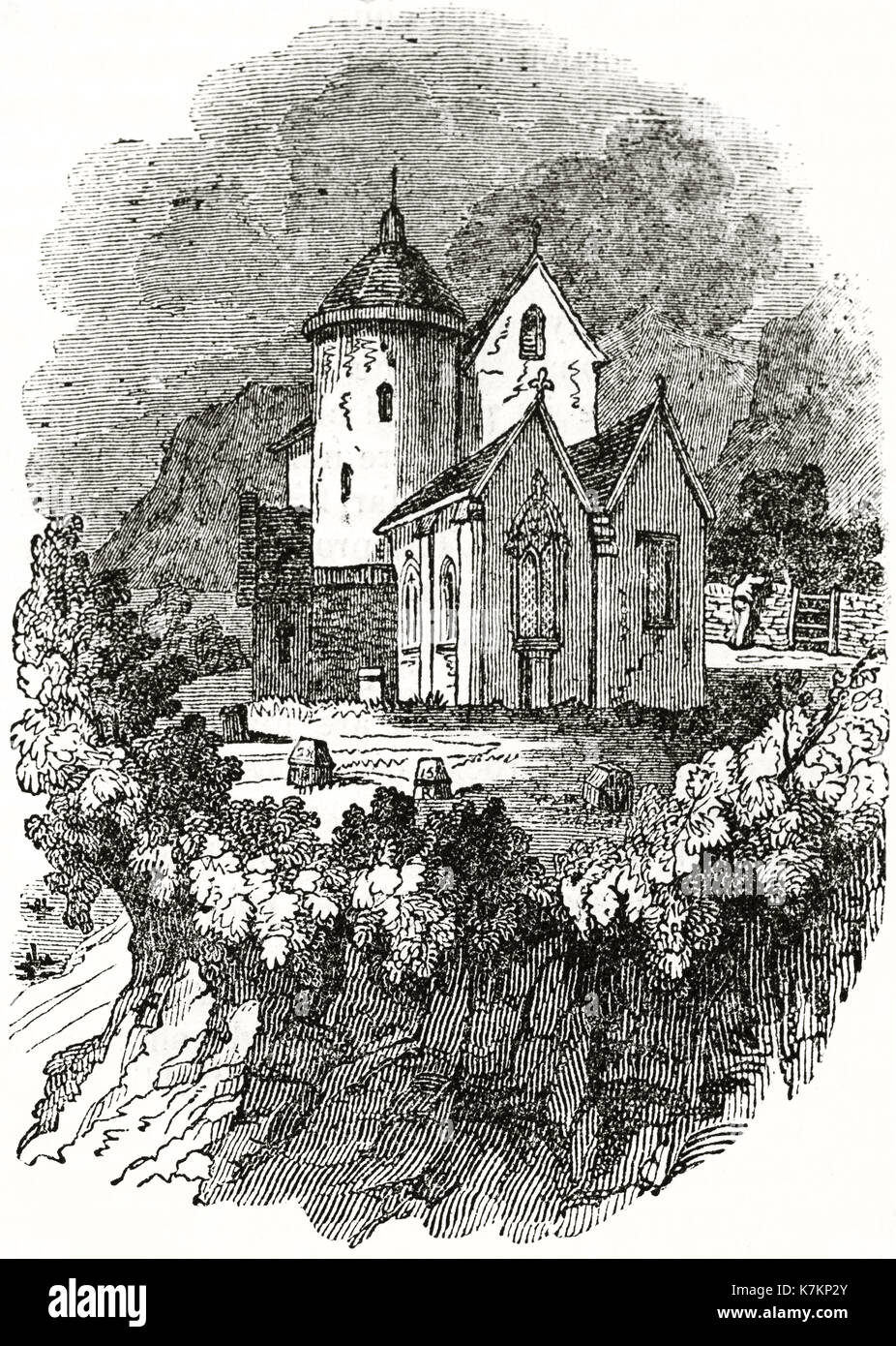 Alte Ansicht von St Brelade's Kirche, Jersey. Von unbekannter Autor, Publ. Auf dem Penny Magazine, London, 1837 Stockfoto