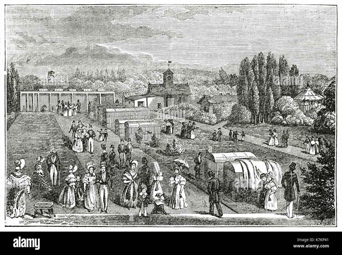 Alte Ansicht des Zoologischen Gartens, Regent Street, London. Von unbekannter Autor, Publ. Auf dem Penny Magazine, London, 1837 Stockfoto