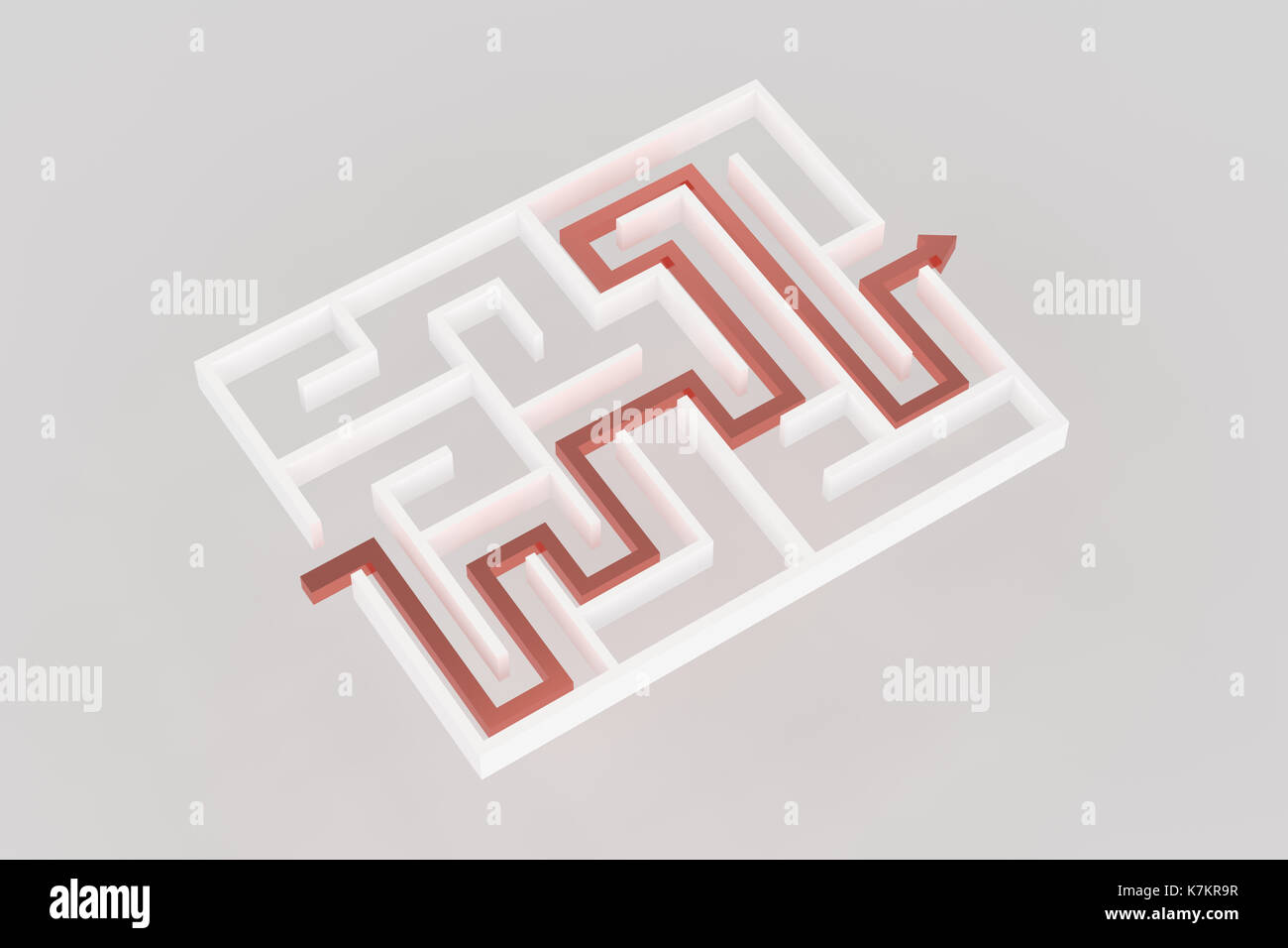 3D-Rendering des weißen Labyrinth mit roter Pfeil Stockfoto