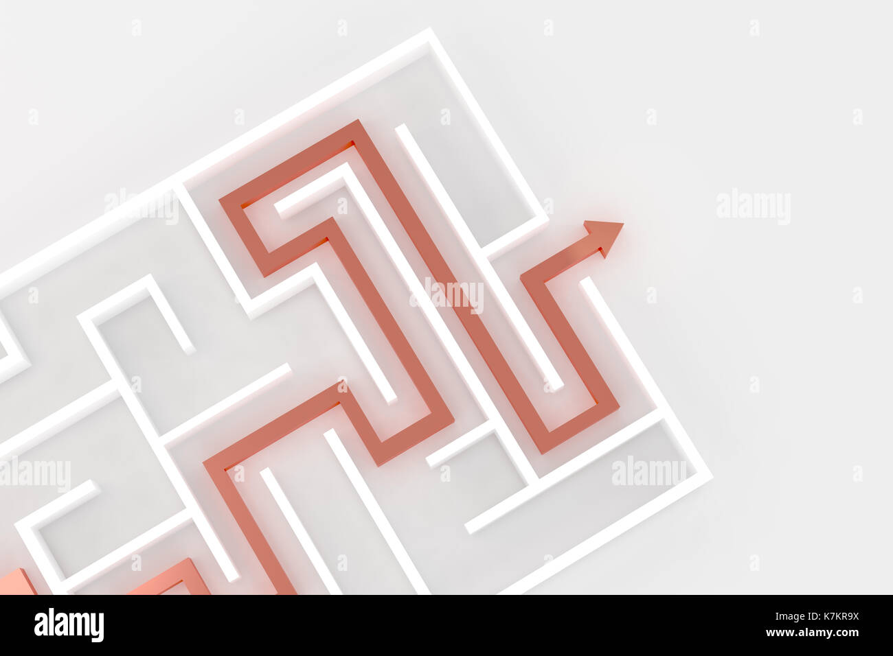 3D-Rendering des weißen Labyrinth mit roter Pfeil Stockfoto