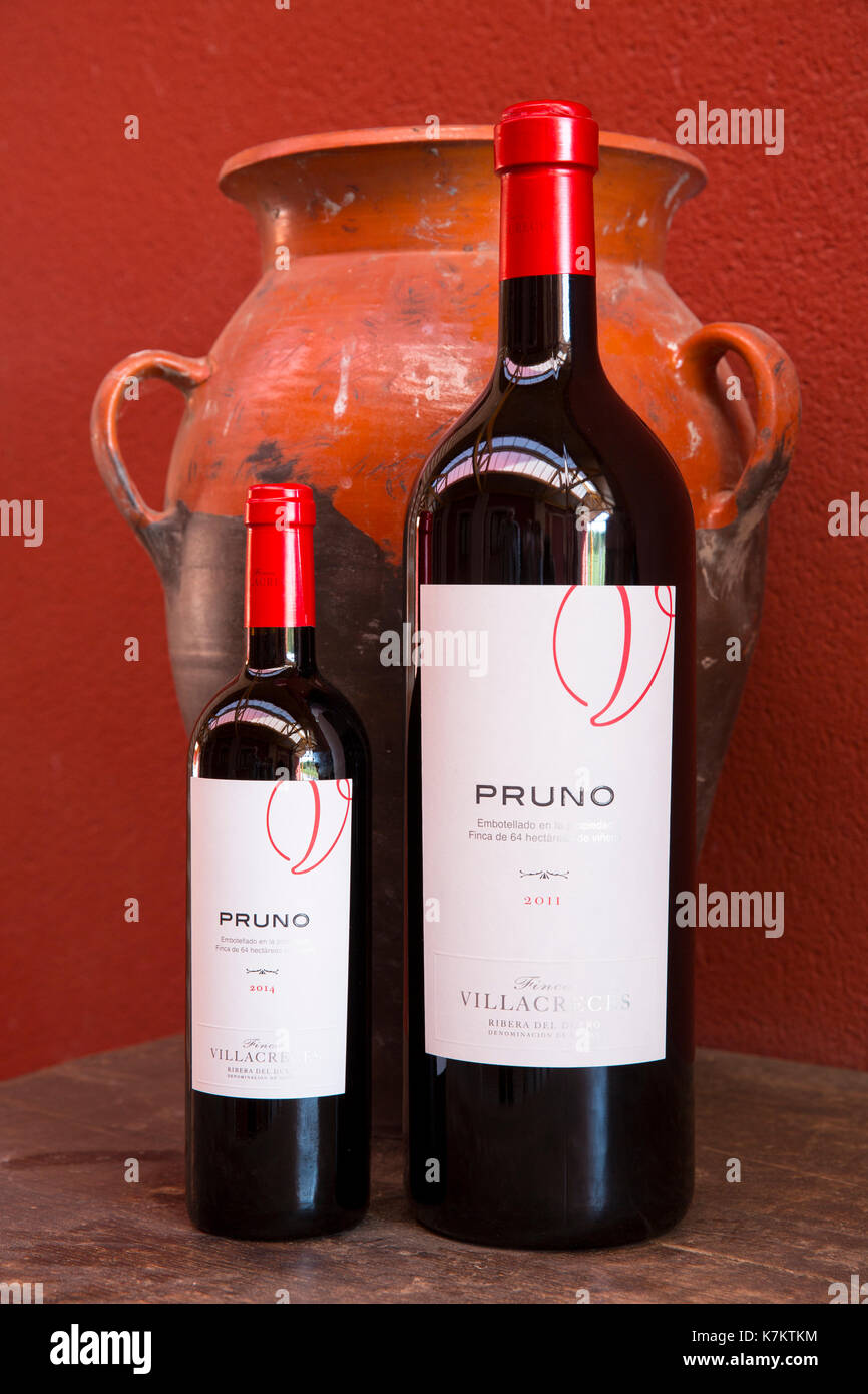 Flaschen Rotwein Pruno auf der Finca Villacreces, Ribera del Duero bodega Wein Produktion durch den Fluss Duero, Navarro, Spanien Stockfoto