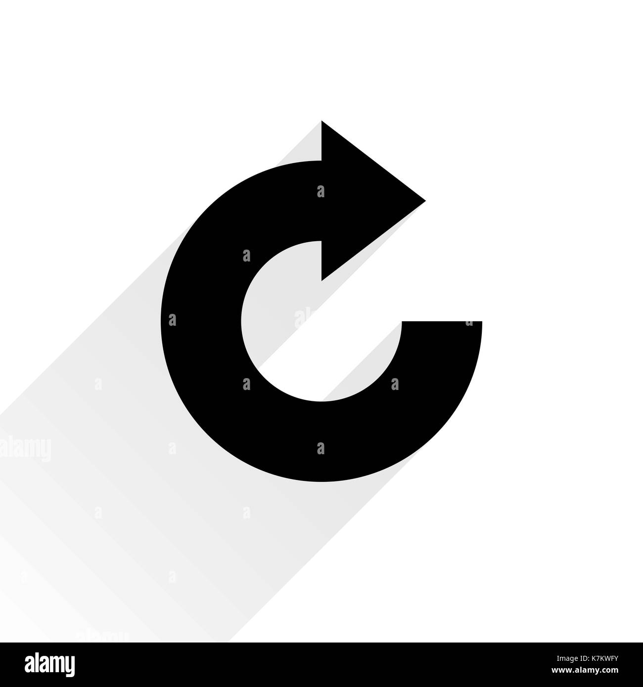 Der schwarze Pfeil symbol Laden, Aktualisieren, Rotation, Reset, wiederholen Sie unterzeichnen. Web Piktogramm mit grauen langen Schatten auf weißem Hintergrund. Einfache, klare, flacher Stil Stock Vektor