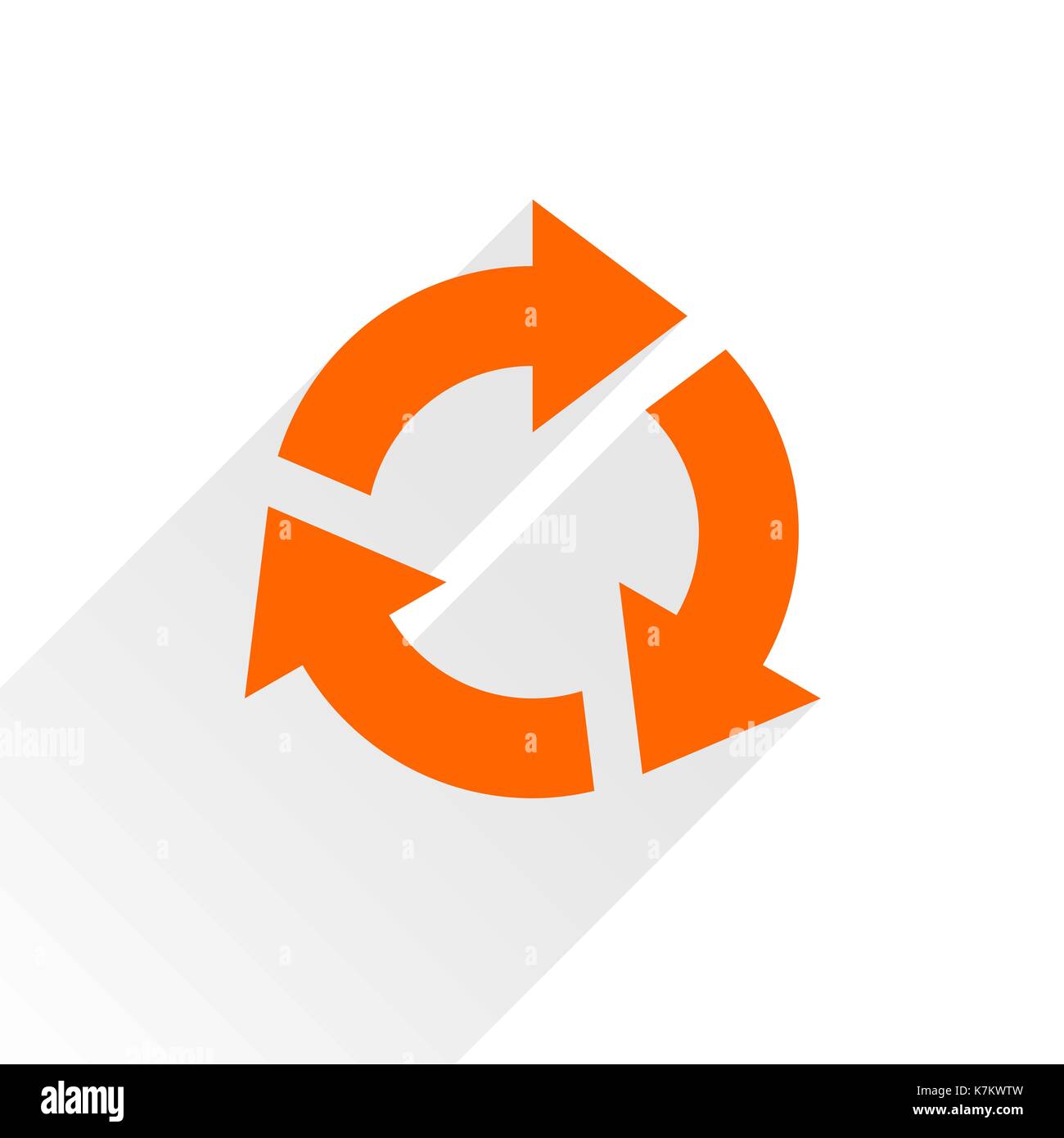 Der orange Pfeil neu laden, aktualisieren, Rotation, Reset, wiederholen Sie unterzeichnen. Web Piktogramm mit grauen langen Schatten auf weißem Hintergrund. Flat Style Stock Vektor
