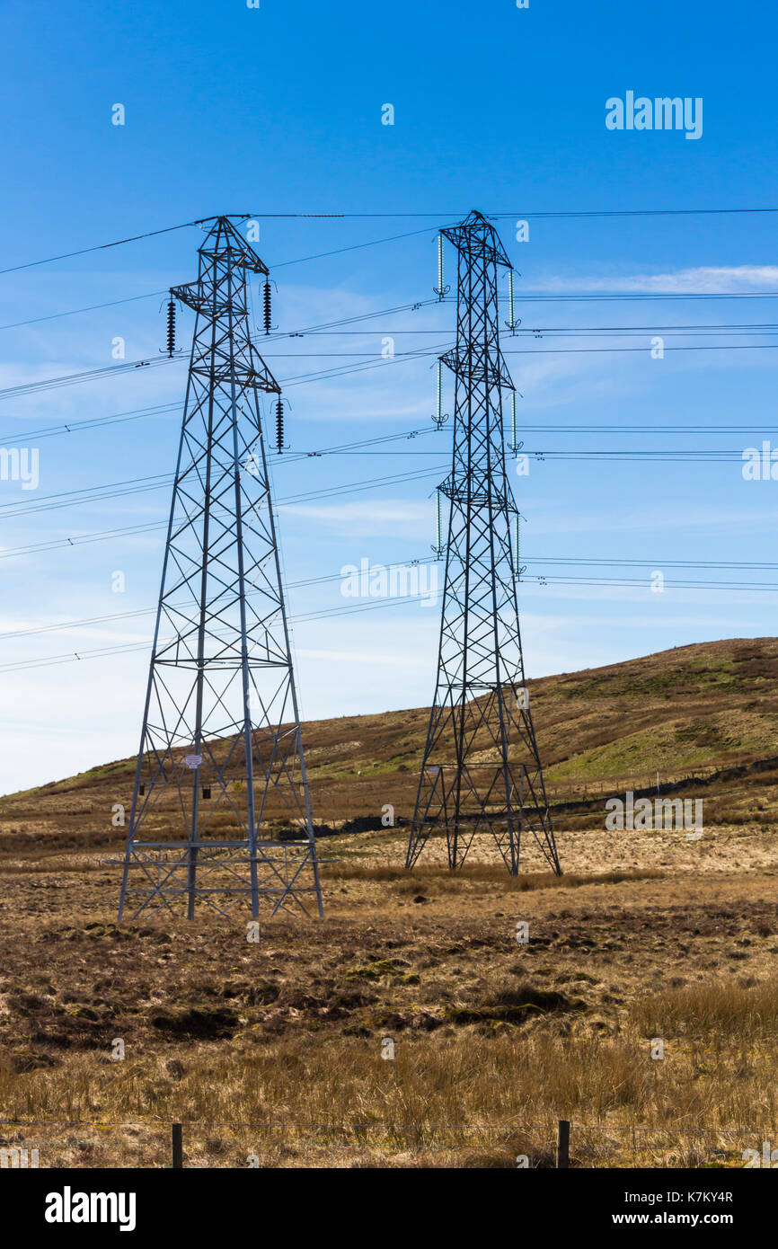 Zwei unterschiedliche Strommasten, Teil der National Grid, Durchführung angrenzenden Stromleitungen über Whatshaw Gemeinsamen am östlichen Rand des Sees Distri Stockfoto