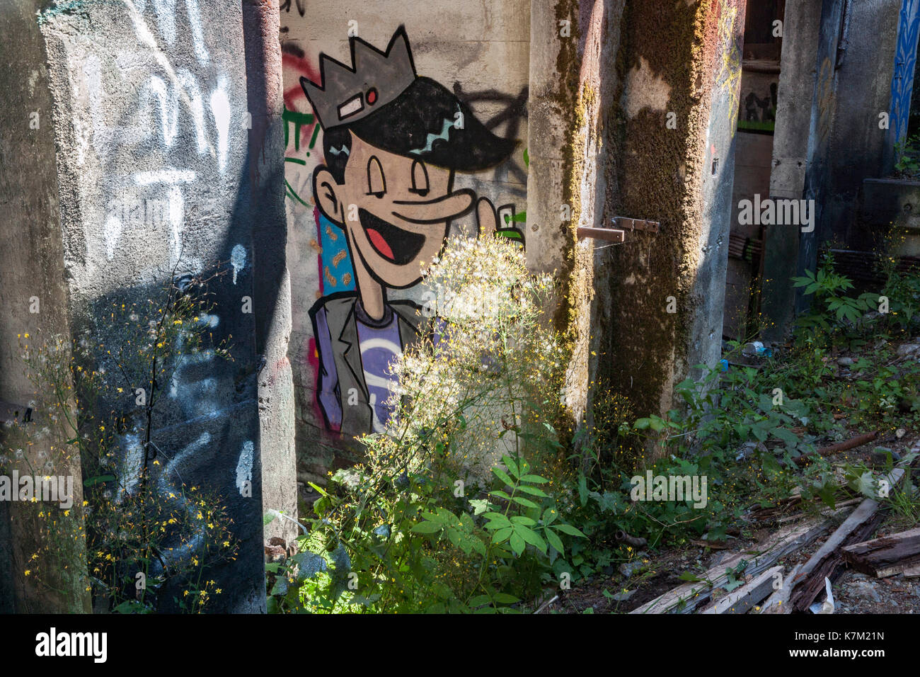 Graffiti an verlassenen Kraftwerk in der Nähe der Jordan River, Vancouver Island, British Columbia, Kanada Stockfoto