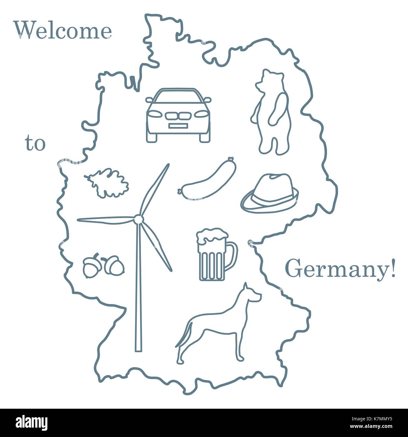Vector Illustration mit verschiedenen Symbolen in Deutschland. Reisen und Freizeit. Design für Banner, Poster oder Drucken. Stock Vektor