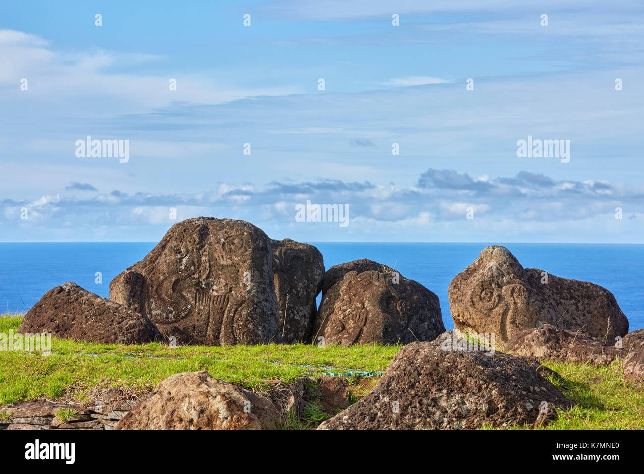 Zeremonielle Stein Dorf Orongo, wo der birdman Wettbewerb gehalten zu werden, in der Nähe Vulkan Rano Kau, Osterinsel (Rapa Nui), Chile Stockfoto