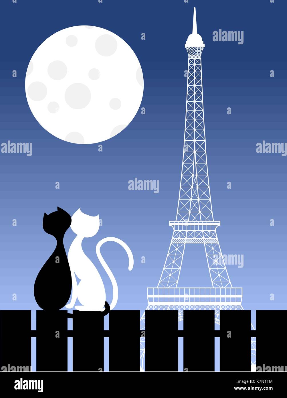 Paar schwarze und weiße Katzen Verlieben auf dem Hintergrund der Nachthimmel mit Mond und Eiffelturm. Valentinstag Grusskarten. Vector Illustration. Stock Vektor