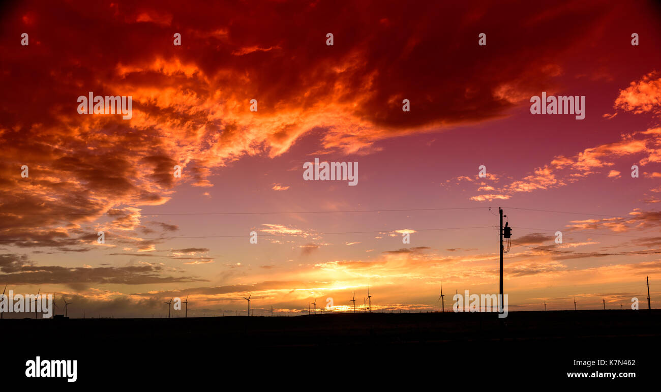 Sonnenuntergang mit Power Line und Windpark Stockfoto