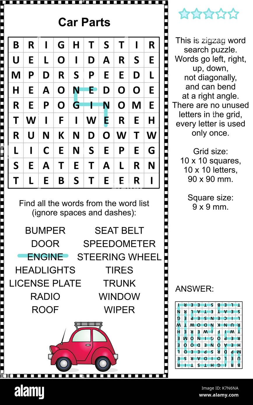 Auto Teile themed Zickzack Word Search Puzzle (geeignet sowohl für Kinder und Erwachsene). Antwort enthalten. Stock Vektor