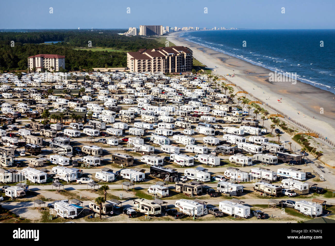 South Carolina, Myrtle Beach RV Travel Park, Freizeitfahrzeuge, Anhänger, Wohnwagen, Zeltplatz, Luftaufnahme über Anhängern, Stockfoto
