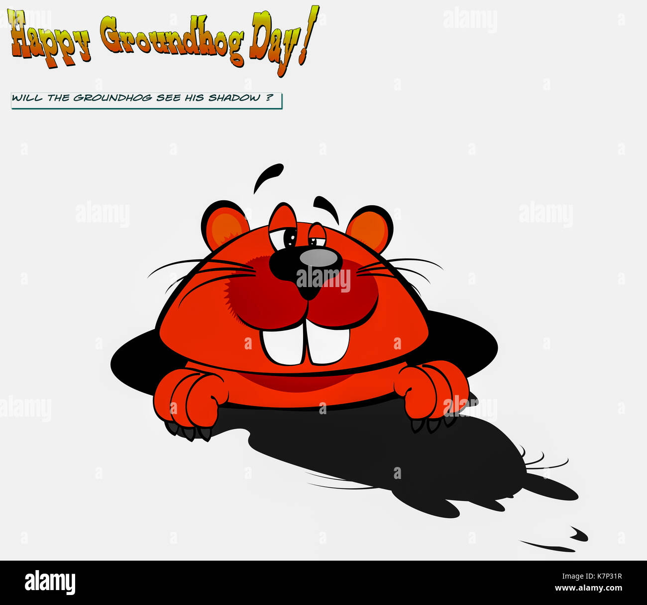 Lizenzfreien cliparts Bild von ein Murmeltier seinen Schatten sehen, mit Happy Groundhog Day und andere Texte, auf einem weißen Hintergrund. Stockfoto