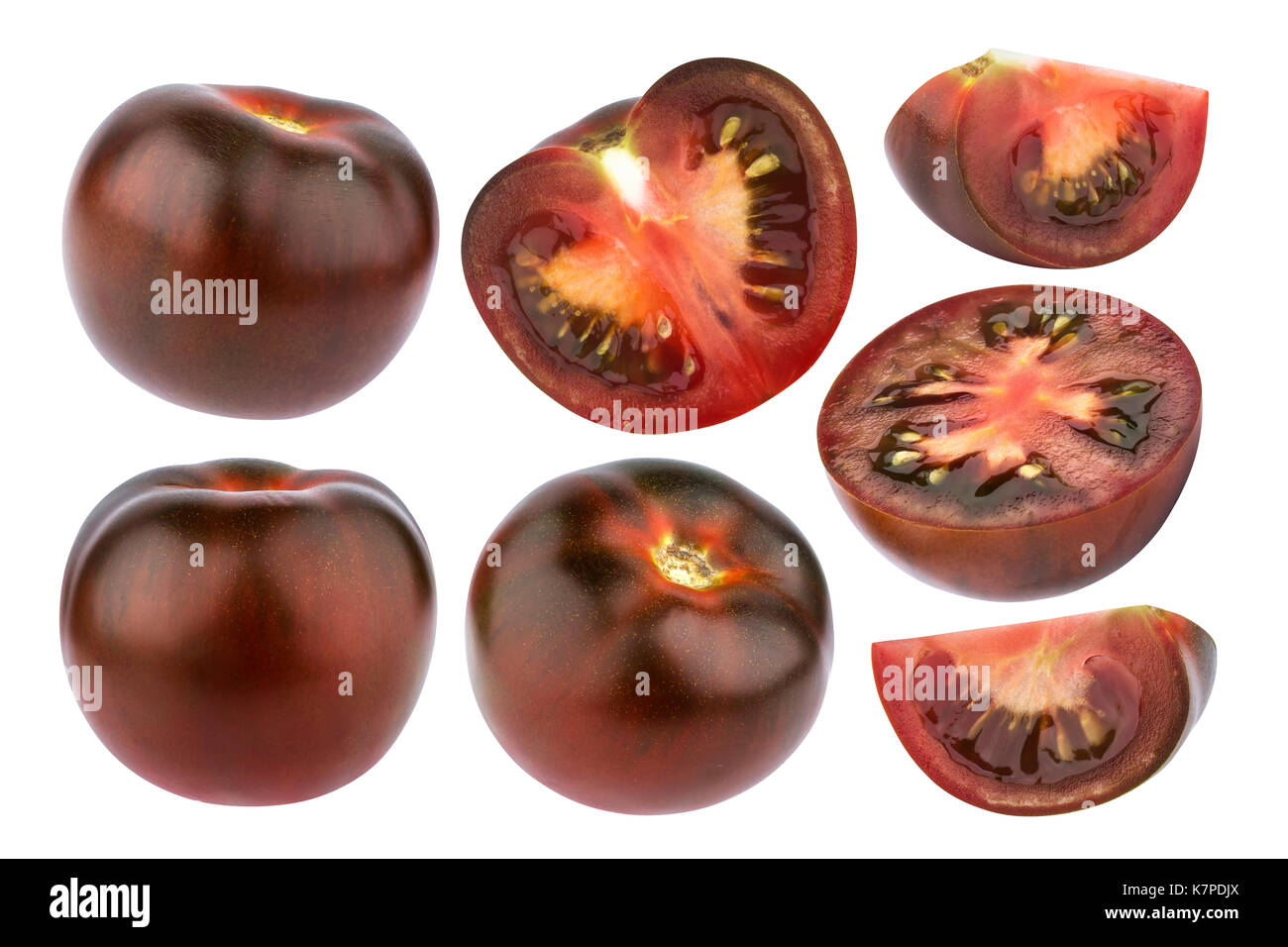 Schwarze Tomaten isoliert auf Weiss. Sammlung Stockfoto