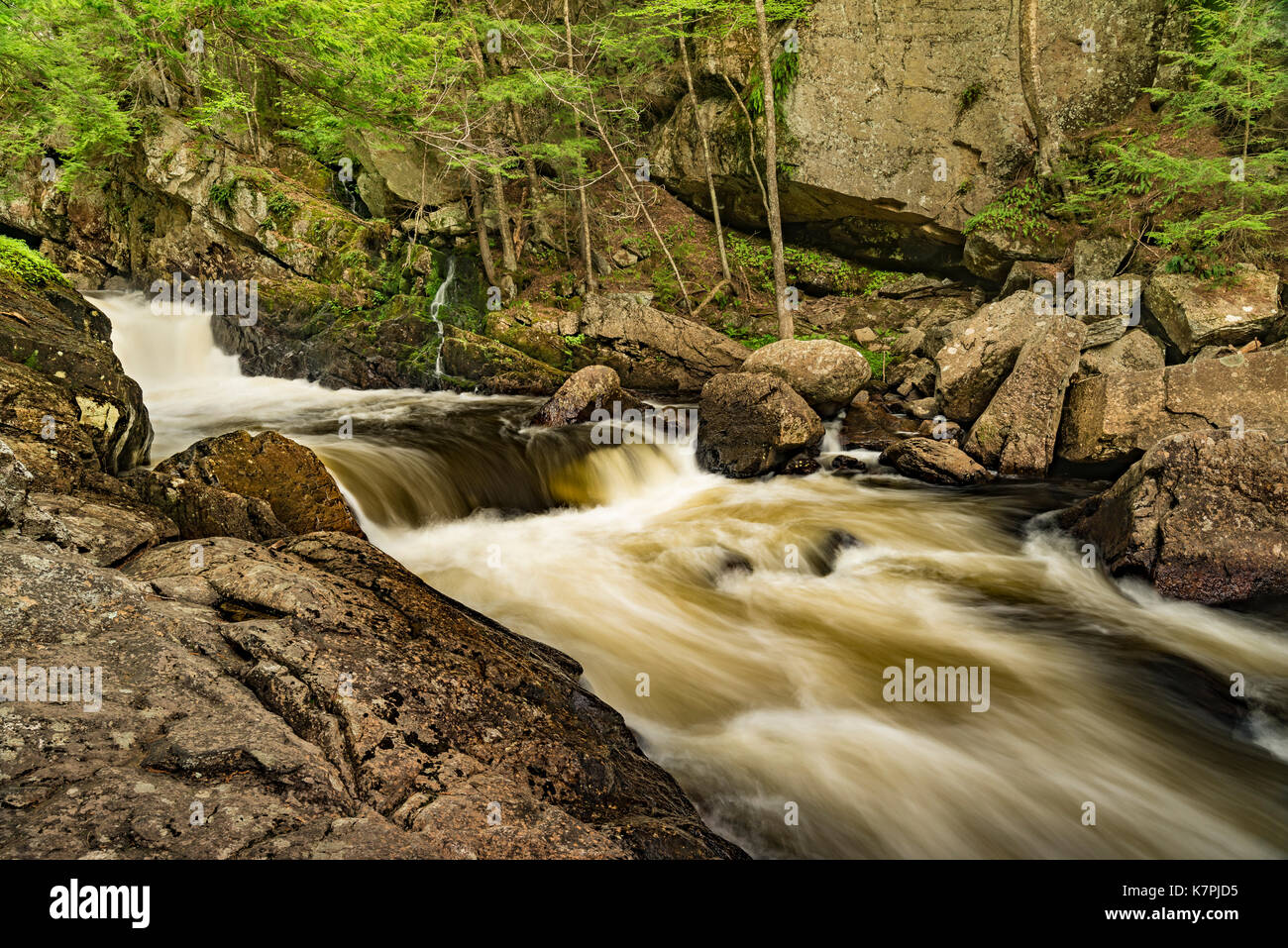 Sich schnell bewegende rapids auf dem sacandaga Riiver, da es durch eine enge Schlucht führt, Adirondack Park, Hamilton County, NY Stockfoto