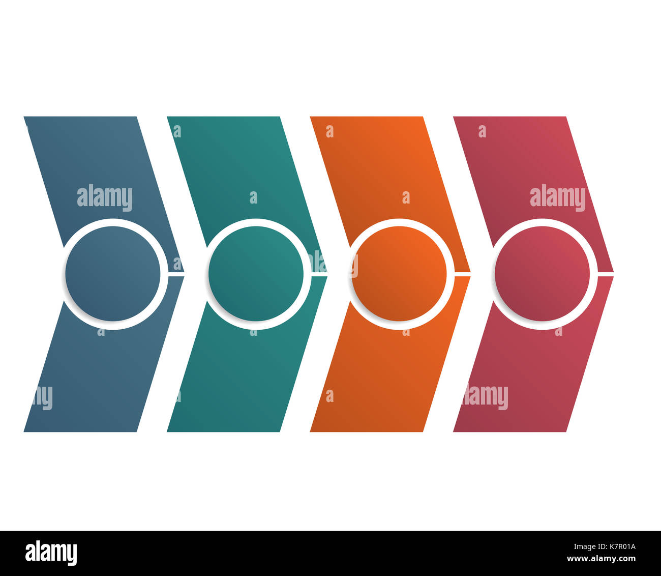 Timeline Pfeile Infografik, bunte Diagramm. Vorlage mit 4 Optionen, Teile, Schritte, Prozesse. Weißer Hintergrund. Für Text platzieren. Stockfoto